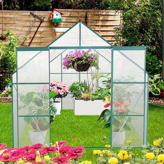 8×10 FT Greenhouses for Outdoors,Polycarbonate Greenhouse, Aluminum Heavy Duty Walk-in Garden Plants Green Houses, Raised Base and Double Sliding Door for Outside Backyard, Green