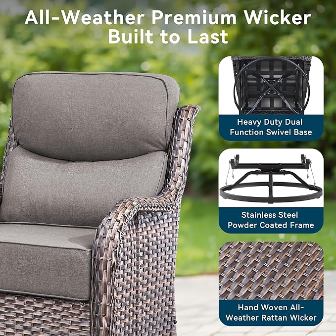 Luxury High Back Outdoor Furniture with 6-Inch Thick Cushions, Patio Furniture Set with Swivel Chairs, 5 PCS Wicker Conversation Set for Porch, Balcony, Deck and Yard