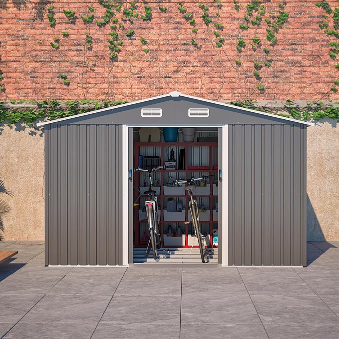 10x8 FT Sheds & Outdoor Storage Garden Metal Shed with Floor Frame Lockable Sliding Door and Air Vents Foundation Steel Shed with Air Vents Waterproof Roof Ideal for Backyard Patio Lawn Dark Gray