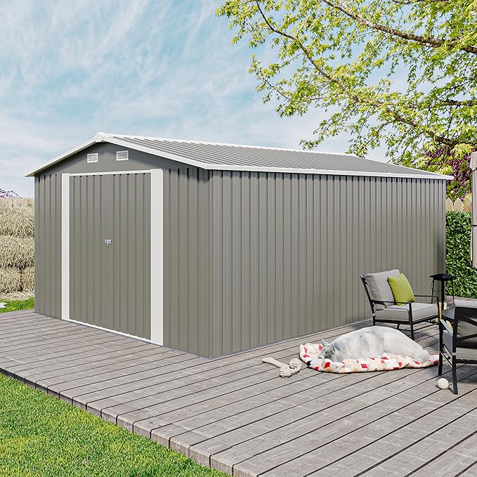 10x14 FT Outdoor Storage Shed, Large Metal Garden Shed with Side Door, Outside Tool Sheds with 3 Lockable Hinged Doors, Waterproof Storage Building with 4 Air Vents for Backyard, Patio, Light Gray