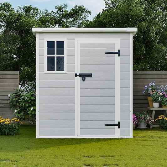 6x6 FT Storage Shed Garden House with Lockable Doors and Vents Waterproof Resin Outdoor Tool Cabinet W/Floor & Window,for Bicycles,Lawnmowers,Lawn,All Weather Use,Gray