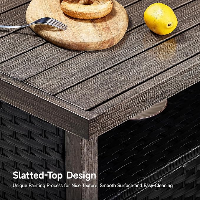 Outdoor Storage Cabinet, Woven Rattan Bar Table with 2 Doors, Slatted-Top, Wicker Console Table for Patio, Garden, Backyard, Kitchen - Black