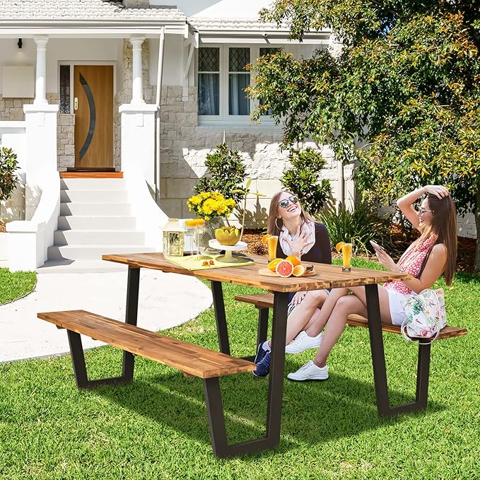 Tangkula Wooden Picnic Table, Outdoor Acacia Wood Picnic Table with 2 Built-in Benches, Umbrella Hole, Steel Frame, Outside Table and Bench Set for Garden, Backyard, Porch, Patio