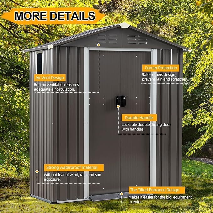 Shintenchi 5x3 FT Outdoor Storage Shed with Window, Lockable Outdoor Waterproof Tool Storage Sheds, Weather Resistant Tool Storage House Shed for Garden, Backyard, Patio Utility and Tool Storage, Gray