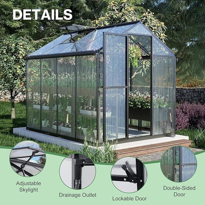 Aoodor 6 x 8 Ft Walk-in Greenhouse with Gutter, Polycarbonate and Heavy-Duty Aluminum Frame, Adjustment Skylight and Lockable 2-Sided Door for Patio, Outdoor, Yard, Lawn Use, Black