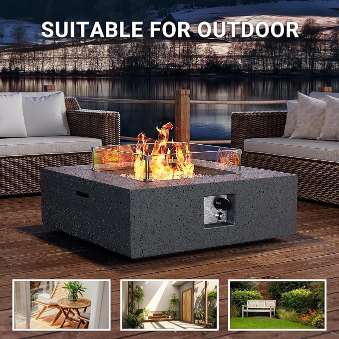 SUNBURY Outdoor Propane Burning Fire Pit, 35 inch Square Patio Fire Table 50,000 BTU Fire Pit for Outside with Waterproof Cover, Light Gray
