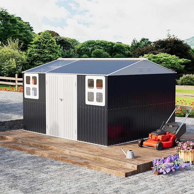 Restland 12x10 FT Outdoor Storage Shed Reinforced Frame Metal Shed with Clear Roof, Air Vent & Lockable Door Large Garden Tool Storage Sheds for Backyard, Garden, Lawn