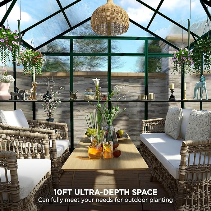 HOWE 8x8x7.5 FT Aluminum Greenhouses for Outdoors,Polycarbonate Greenhouse with 2 Vents Lockable Swing Door Rain Gutter,Walk-in Greenhouse for Backyard Plants,Green