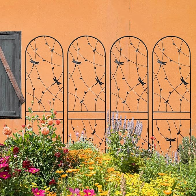 4 Pack Metal Garden Trellis 86.7" Tall Outdoor Climbing Plant Support for Roses, Flowers, Rustproof Durable Black Galvanized Tube, Lawn Garden Fence Decor Screen (4, Black dragonflies-86.7" H)