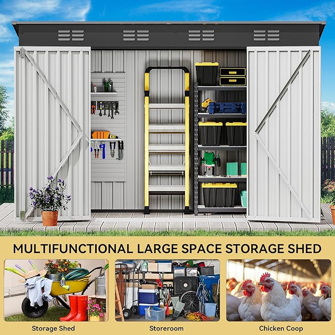 DWVO 9.1x4.2ft Large Outdoor Storage Shed, Metal Tool Sheds, Heavy Duty Tool Storage with Lockable Doors & Air Vent for Backyard Patio Lawn to Store Bikes, Tools, Lawnmowers,Dark Gray
