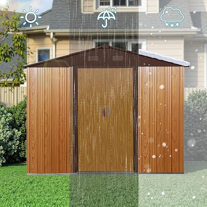 Sheds & Outdoor Storage 8ft x 10ft Iron Storage Shed with Metal Foundation Metal Garden Shed Tool Storage Cabinet with Secure Sliding Doors with Padlock for Backyard, Patio, Poolside, Coffee