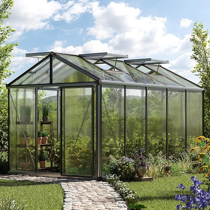 Greenhouse Diamas 23 Premium 7.7 x 12.6 ft with Approx. 16 mm Polycarbonate Panels, Natural Aluminum Color