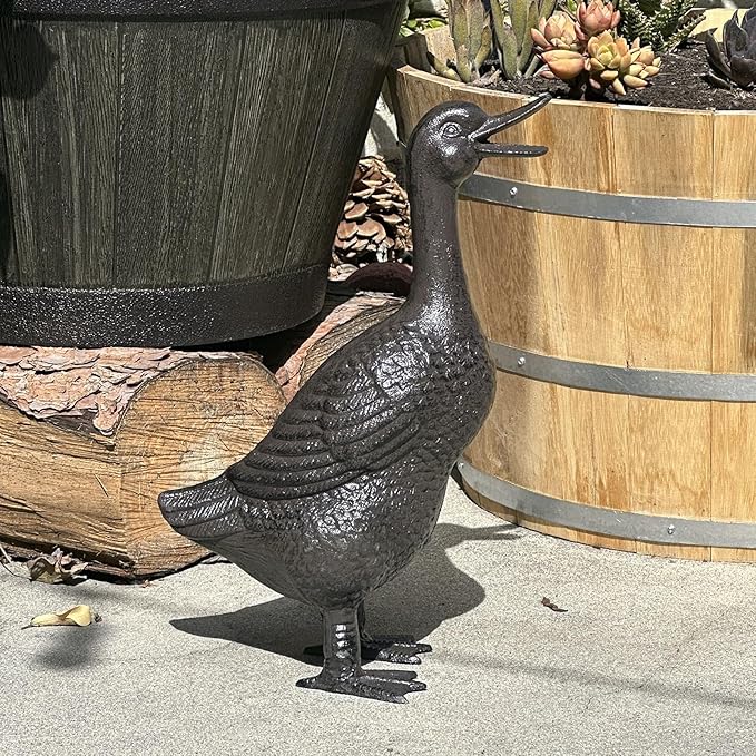 Cast Iron Duck Statue（15.7" Tall） - Heavy Duty Outdoor/Indoor Decor, Rust Brown Garden Art with Lifelike Feather Detailing, Weatherproof Bird Sculpture for Patio, Lawn & Home HC5387