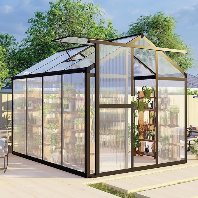 6 x 8 FT Aluminum Greenhouse for Outdoors, Polycarbonate Walk-in Greenhouse with Quick Setup Structure and Adjustable Roof Vent, Dark Gray