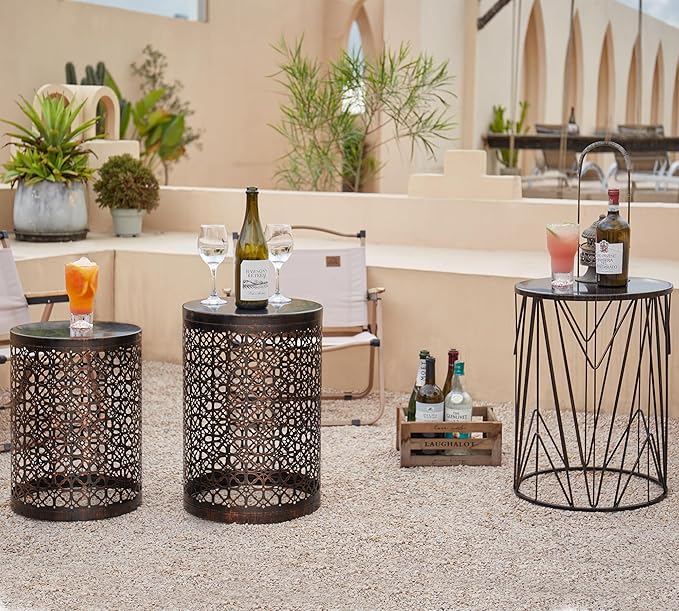 HFHOME Set of 3 Metal Side End Tables Nightstand, Nesting Round Coffee Table for Indoor Outdoor, Heavy Duty Metal Plant Stand Living Room Garden Stool - Bronze
