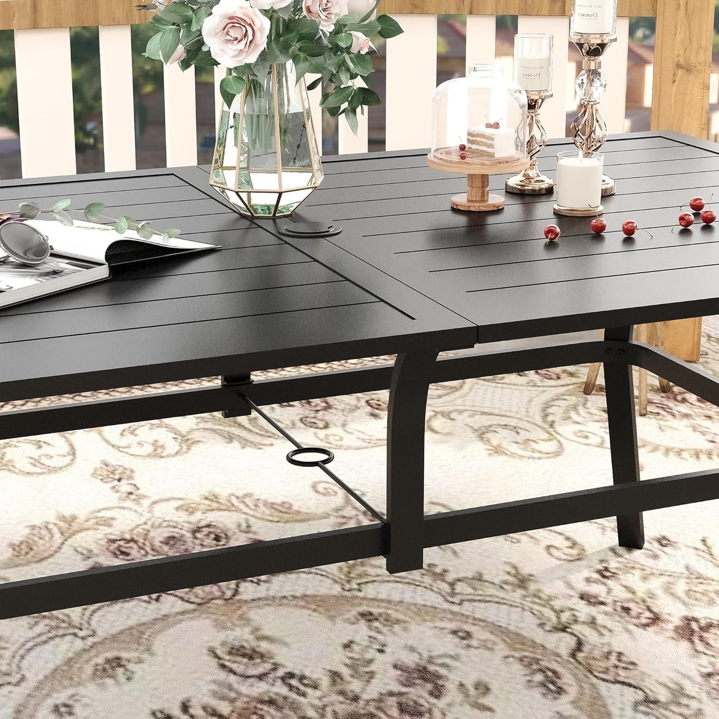 VICLLAX Patio Dining Set for 6, Outdoor Furniture Set Includes 59" Rectangle Patio Table and 6 Patio Sling Chairs, Outdoor Table and Chairs for Outsides, Black Tabletop and Brown Fabric