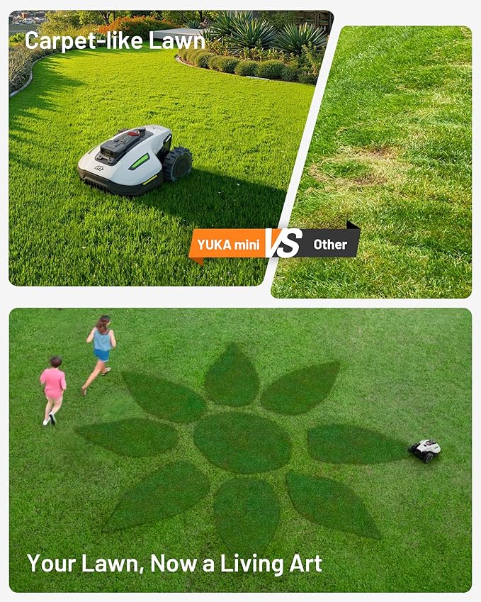 YUKA Mini 500H Robotic Lawn Mower Reception 0.12 Acre,Max. 0.17 Acre, Ultrasense AI Vision+ RTK Positioning, Auto Mapping, App Control, 50% Slope, Cutting Height 2''~3.5'', 15 Mowing Zones