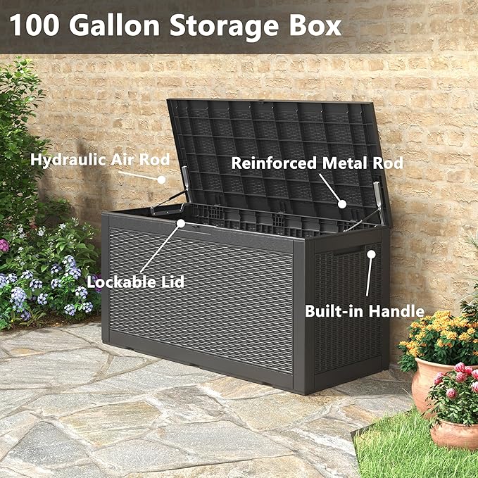 NUNU LAB 102 Gallon Large Waterproof Resin Deck Box, Lockable Outdoor Storage Box with Gas Lift, Patio Cushions, Garden Tools, Pool Supplies, Indoor Outdoor Storage Container, Black