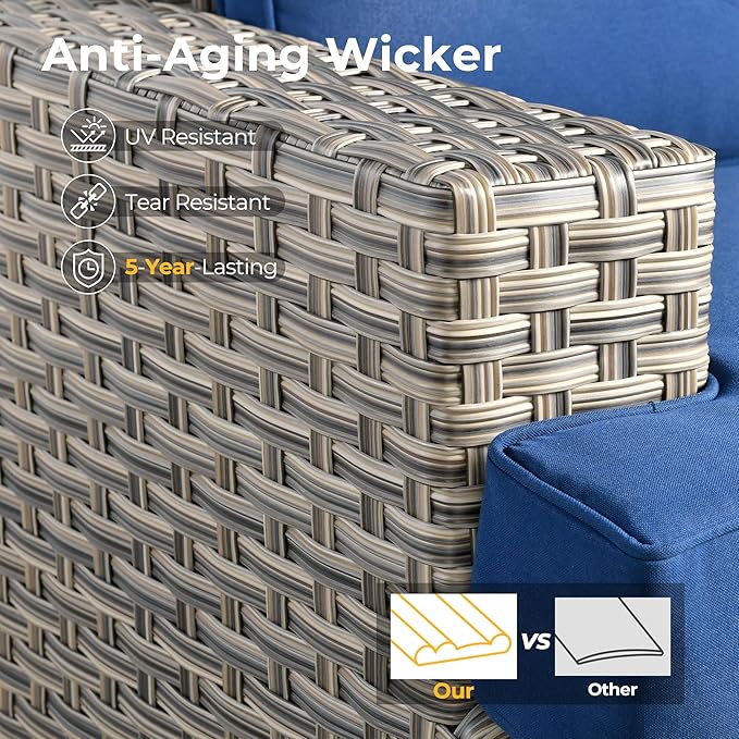 HOOOWOOO Outdoor Sectional Patio Furniture Set,9 Pieces Wicker Conversation Sets L Shaped Couch,Extra Deep Out Door Sofa Outside Furniture with Rocking Chairs,Navy Blue