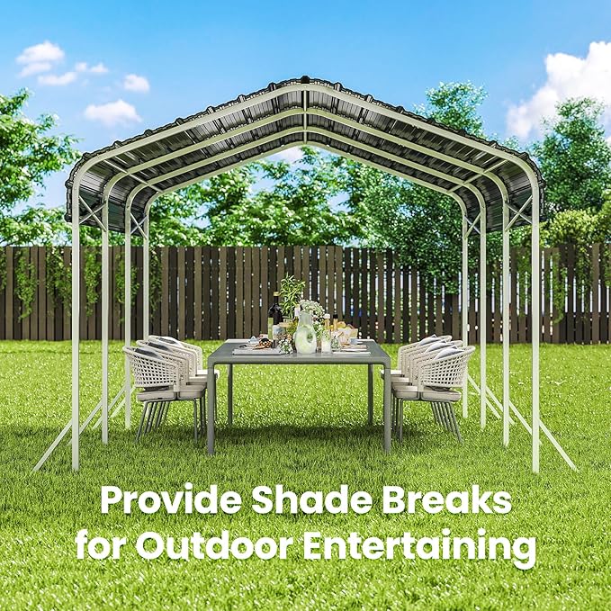 10x15' Heavy Duty Metal Carport – Sturdy Structure, All-Weather Protection, Easy Assembly for Cars, Boats, Trucks,Tractors, and Outdoor Storage (Grey, 10x15FT)