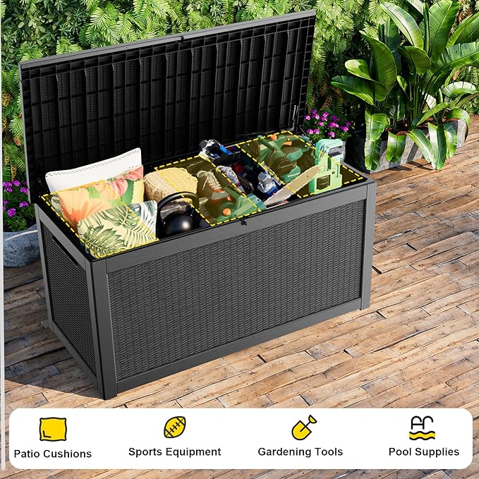 320 Gallon Outdoor Storage Box, Large Outdoor Deck Box,Waterproof & UV Resistant Resin Storage Box Lockable for Patio Cushions, Gardening Tools, Pool Accessories(Black)