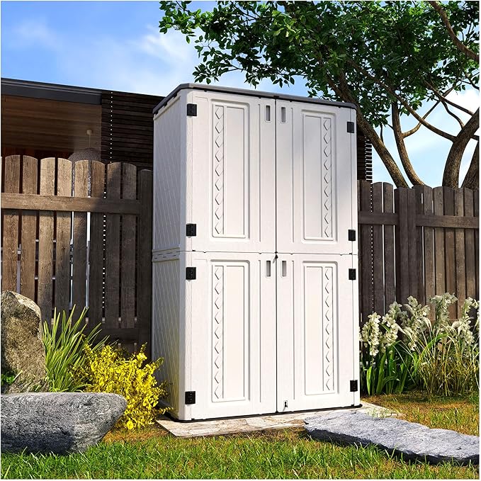 HOMSPARK Storage Shed Weather Resistance, Multi-Purpose Outdoor Storage Cabinet Waterproof, Outdoor Storage Cabinet for Garbage Cans, Lawnmower, Garden Accessories (Off White, Tall shed-53 cu ft)