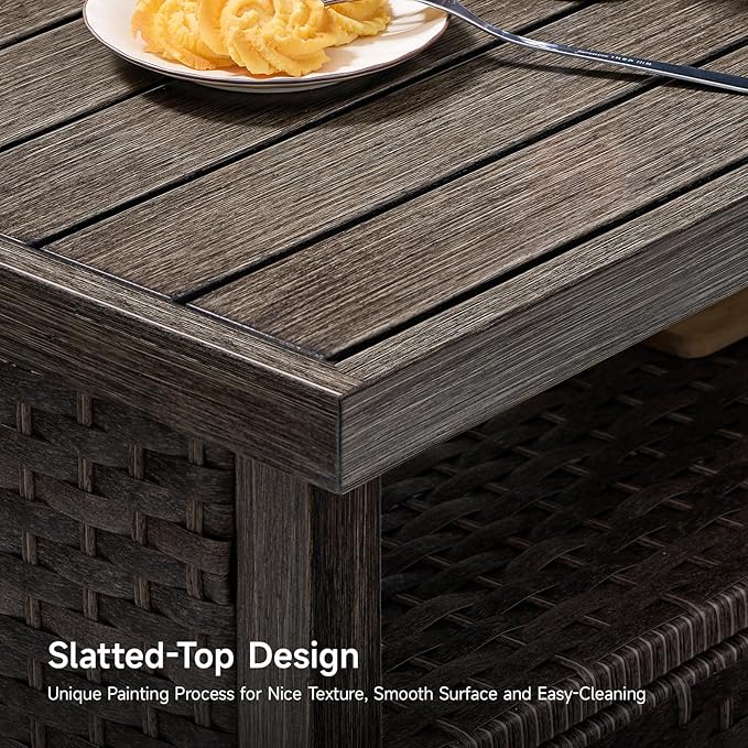 Outdoor Storage Cabinet, Woven Rattan Bar Table with 2 Doors, Slatted-Top, Wicker Console Table for Patio, Garden, Backyard, Kitchen - Brown