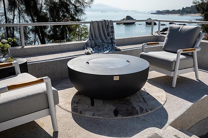 AMS Creations | Eclipse 44" Bundle Round Cast Concrete Propane Gas Fire Pit Bowl Table | Dark Gray | Smooth Texture Surface | Electronic Ignition | Outdoor Patio Heater Outside Backyard Fireplace