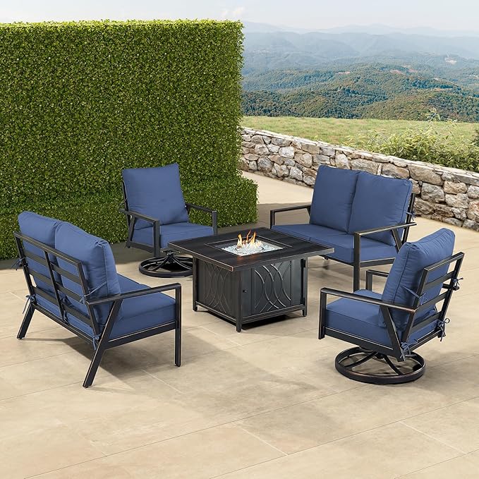 Oakland Living Black Aluminum Patio Fire Table Set with Two Deep Seating Loveseat with Cushions and Two Club Chairs with Blue Cushions