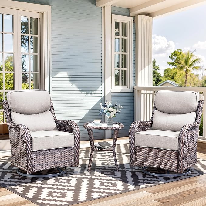 Luxury High Back Outdoor Swivel Rocker Patio Chairs with Side Table & 6-Inch Thick Cushions, 3 Pieces Patio Furniture Set for Porch, Balcony, Deck and Yard