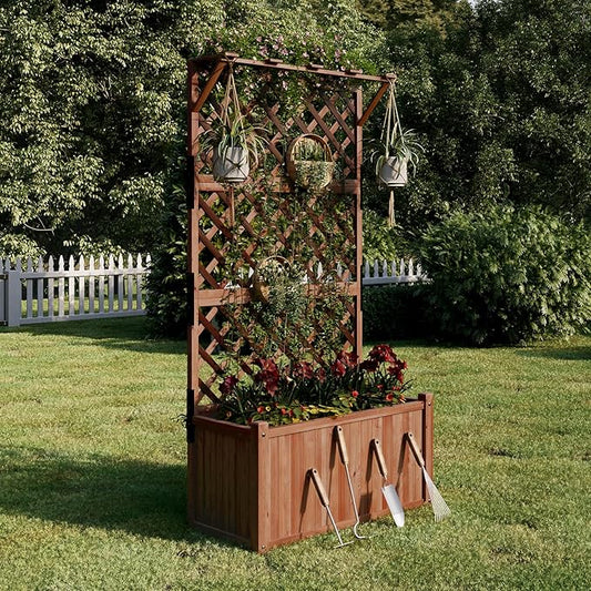 SPECRAFT Wood Planter with Trellis, 35.4x17.7x72 Inch Raised Garden Bed, 1.6Ft Deep Large Planter Box for Outdoor Gardening, Vegetables, and Climbing Plants