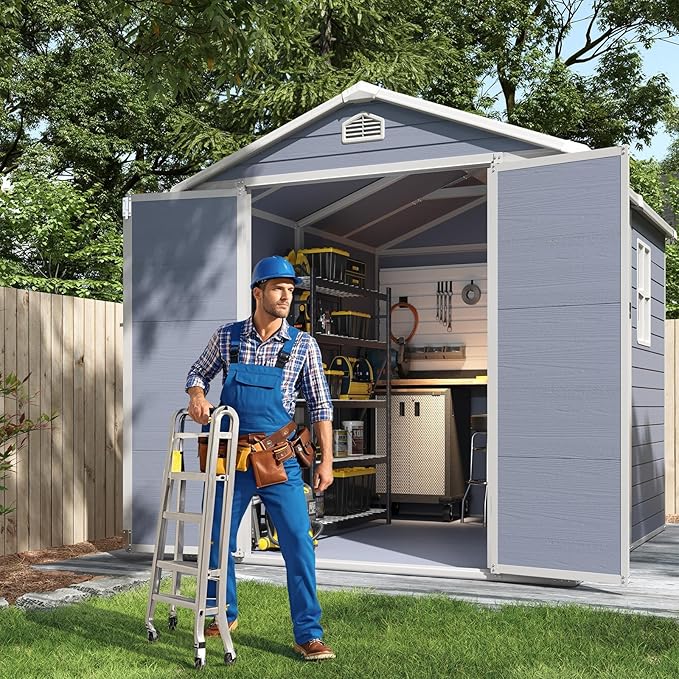 Aoxun 8 x 6 FT Outdoor Storage Shed with Window, Resin Shed with Floor & Lockable Doors, Garden Shed Waterproof Plastic Tool Shed with Sloped Roof for Backyard, Garden, Patio, Lawn, Grey