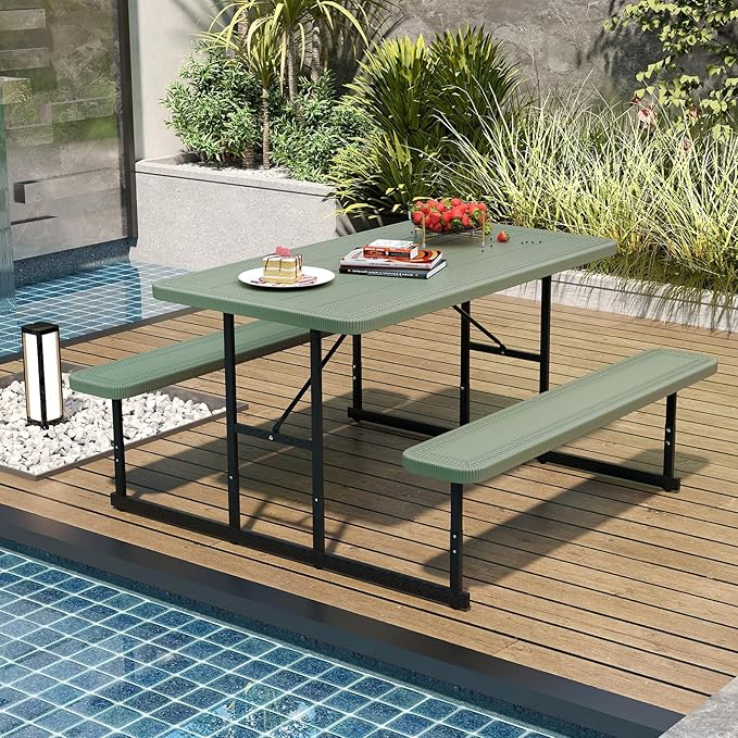 Giantex Picnic Table Bench Set for 4 People, 4.5FT Outdoor Rectangular Dining Table & 2 Benches w/Umbrella Hole, HDPE Tabletop, Metal Frame, Patio Garden Backyard Poolside (4.5FT,Non-Foldable,Green)