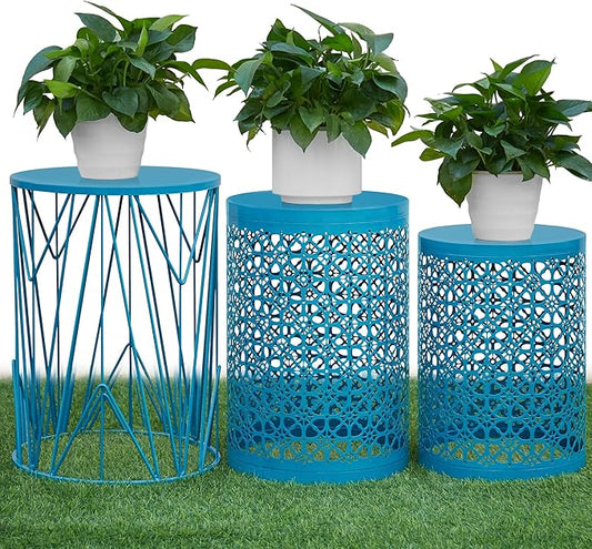 Y&M Set of 3 Heavy-Duty Round End Table, Side Table, Coffee Table for Indoor Multifunctional Use, Outdoor Decorative Garden Stool Plant Stand-Blue