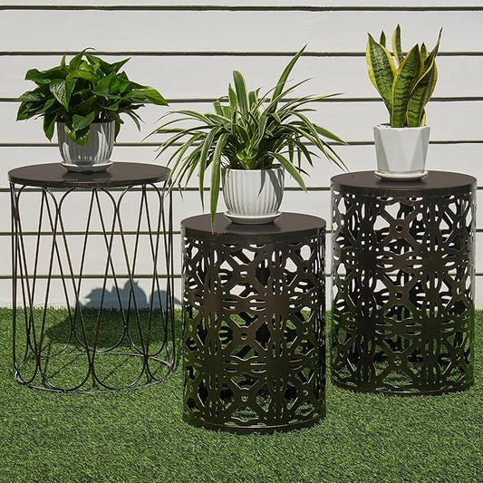 Y&M Set of 3 Patio Side Table for Living Room,Indoor End Tables for Bedroom, Outdoor Garden Stool with Heavy Duty Metal Frame Modern Industrial Decor - Black with Bronze