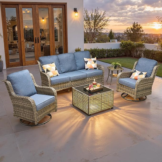 ovios 5 Pieces Patio Furniture Set, Outdoor Wicker Sofa Couch with Swivel Chairs Solar Lights Table, All Weather High Back Modern Conversation Sets, Grey Rattan, Denim Blue