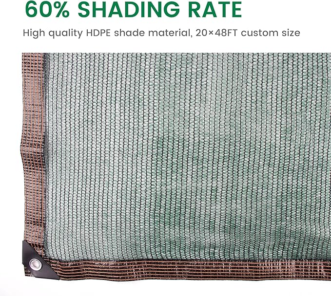 60% 20 X 48 FT Green Shade Cloth, Outdoor Woven Sun Shade with Grommets, Durable Breathable Netting Shading Antifreezing for Patio, Garden, DIY Home, Plants Cover, Greenhouse, Dog Kennel