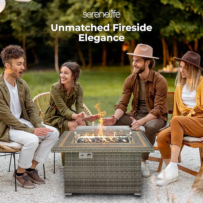 SereneLife Outdoor Propane Fire Pit Table 50000 BTU with Auto Ignition, Glass Wind Guard, Mosaic Tile Top, Clear Glass Rocks, and Weather-Resistant Design for Patio or Backyard