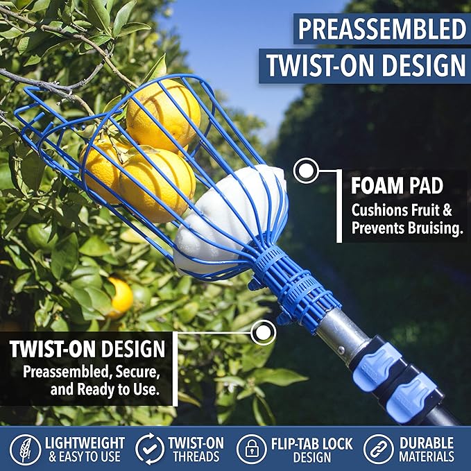 EVERSPROUT 1.5-3ft Durable Fruit Picker with 10+ Foot Reach – Telescoping Fruit Picker Pole, Lightweight Twist-On Fruit Picking Tool with Basket, Aluminium Extension Pole for Tree Fruit Harvesting