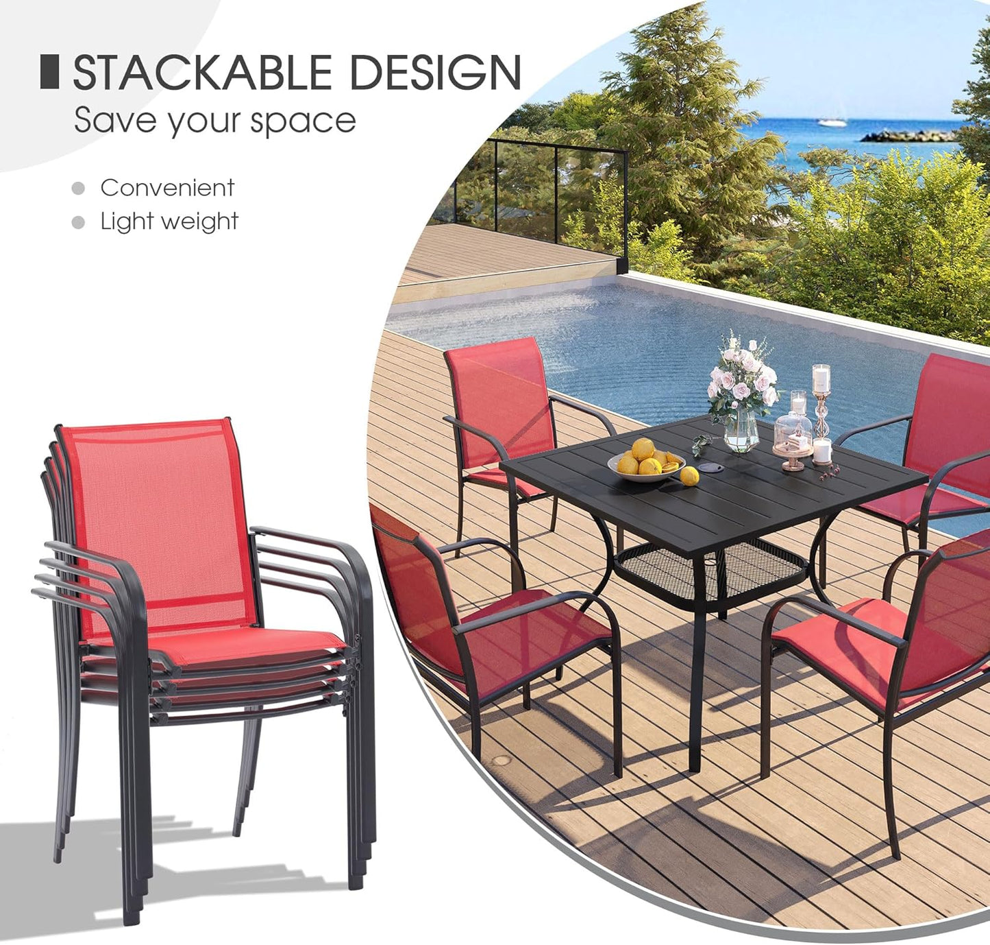VICLLAX Patio Dining Set for 6, Outdoor Furniture Set Includes 47.2" Round Patio Table and 6 Patio Sling Chairs, Black Tabletop and Red Fabric