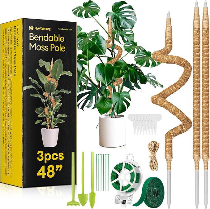 3-Pack 48” Bendable Moss Pole Monstera Plant Support for Climbing Indoors Plants, Coir Moss Poles Moss Sticks Plant Pole DIY, Plant Support Stake for Potted Plants