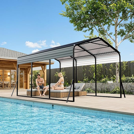 10x15 FT Heavy Duty Metal Carport with Galvanized Steel Frame & Roof, All-Weather Portable Car Garage Shelter, Metal Carports Garage for Cars, Trucks, Boats, Wind & Snow Resistant, Reinforced Base