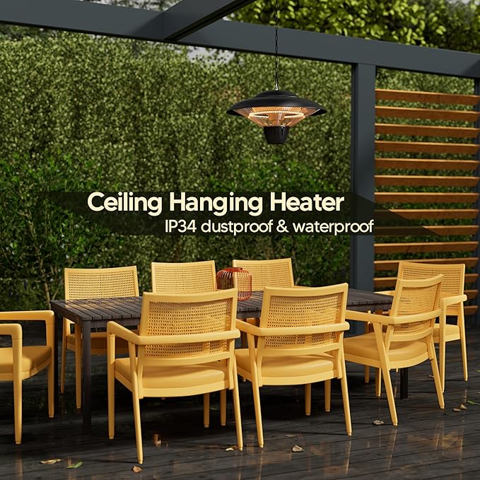 Patio Heater for Outdoor Use 1500W Electric Infrared Hanging Heater, Ceiling Mounted, Waterproof for Porch, Garage, Balcony, Overheat Protection Black
