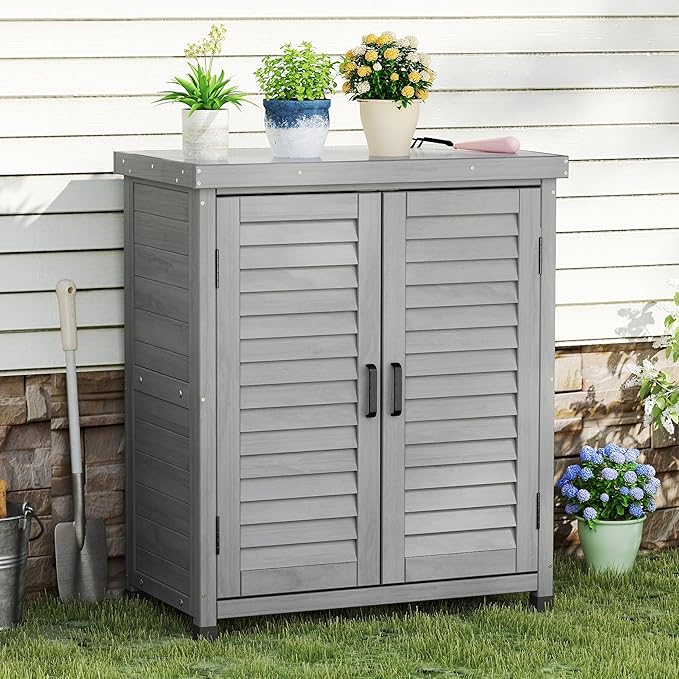 Outdoor Storage Cabinet & Potting Bench Table with Metal Top (Accent Grey, 36x31x17in)