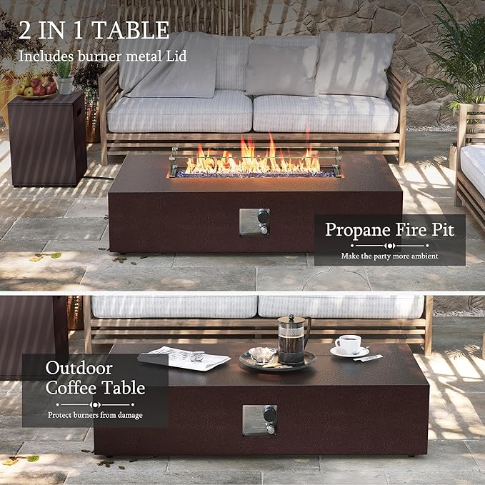 UPHA 56-inch Outdoor Propane Gas Fire Pit Table 50000 BTU Iron Rectangle Firepit for Outside Patio with Tank Hidden Table, Wind Guard, Removable Lid, Blue Glass Rocks, Rain Cover, Brown