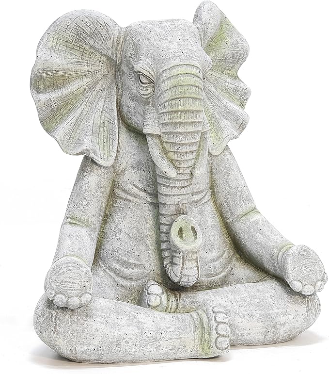 LuxenHome Elephant Garden Statue,16.34'' Gray MgO Meditating Elephant Statue Unique Lucky Elephant Decor Zen Sculptures for Garden Patio Home & Office Decor Housewarming Gift