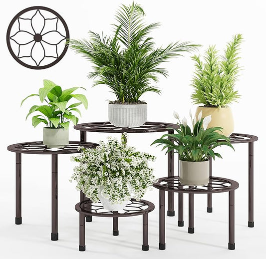 Metal Plant Stand Indoor Outdoor,Indoor Plant Stands for Patio Rust Proof,Heavy Duty Flower Pot Stands for Multiple Plant,Brown Potted Plant Holder for Garden Home (5 Pack Brown)