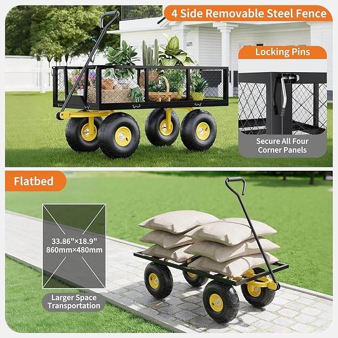 500 Lbs Garden Wagon, 2-in-1 Heavy-Duty Steel Garden Cart, with 10 Inch All-Terrain Tires and Removable Mesh Side Panels, 180° Rotating Handle, Metal Multi-Function Carts, Outdoor Gardens Wagon Cart