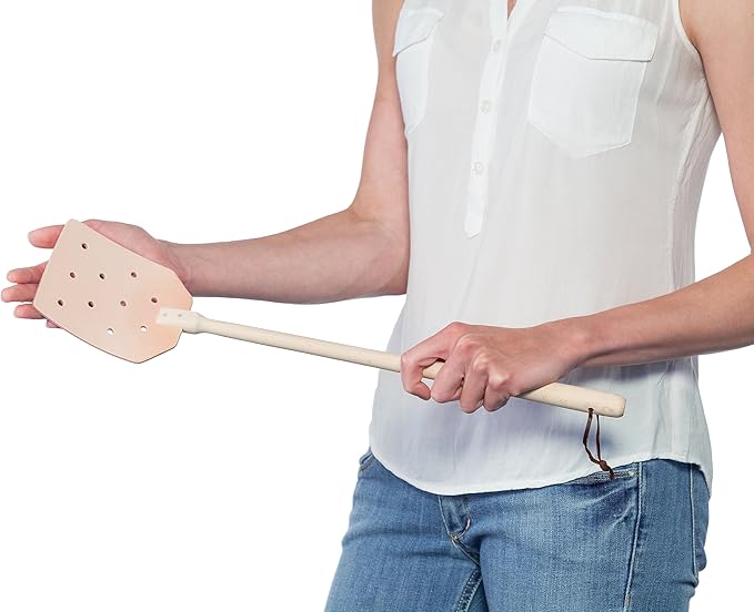 REDECKER Flyswatter with Beechwood Handle and Punched Leather Head, Flexible Leather Head is Stain Resistant and Easy to Clean, 20 inches - Fly Swatter, Made in Germany - Wooden Fly Swatter