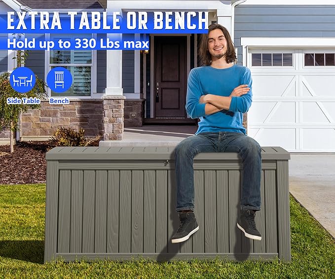 NUNU LAB 150 Gallon Outdoor Storage Box,Resin Large Sturdy Deck Box, Backyard Outside Storage Box Waterproof with Double Wall Panels,Package Delivery Garden Outdoor Hose